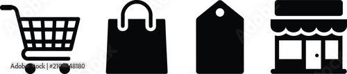 Shopping icons showing cart, bag, price tag, store, representing retail commerce, online purchasing, consumer transactions, business sales