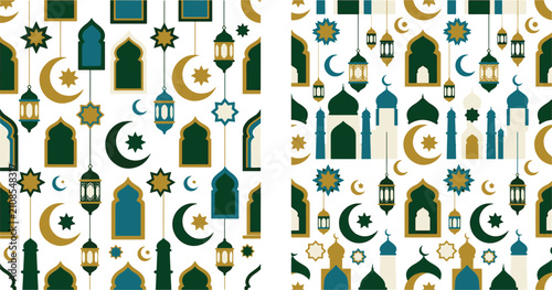 Fotografi Seamless repeating patterns with islamic motifs mosques lanterns and crescents s