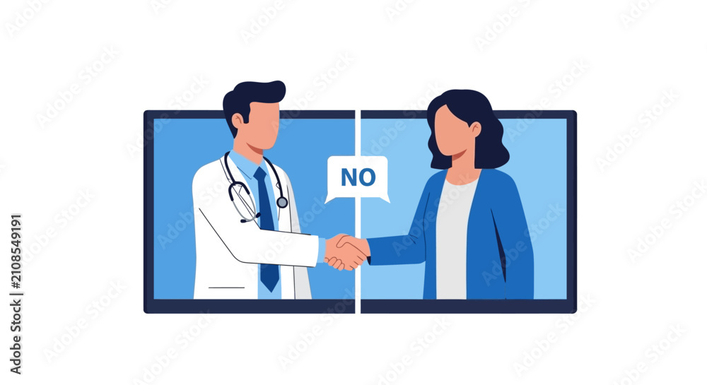 Fototapeta premium Telemedicine and Online Healthcare Consultation Concept with Doctor and Patient Shaking Hands Through Screen and No Speech Bubble