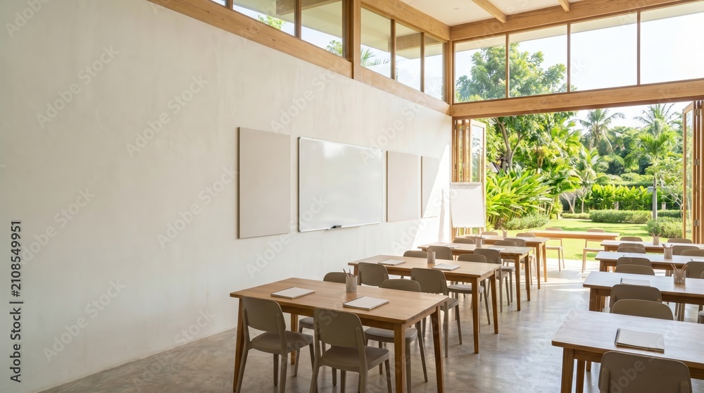 Fototapeta premium Modern classroom with open walls overlooking lush garden