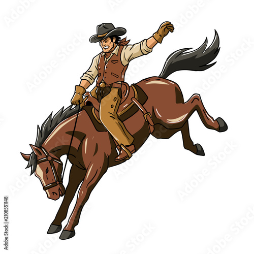 Fierce cowboy riding a bucking horse in dynamic rodeo action. Flat vector cartoon illustration isolated on white background