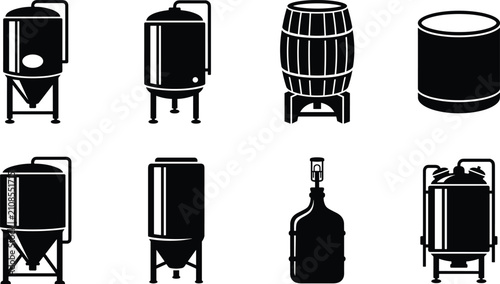 Schilderij op canvas Brewery Equipment Black Vector Icon Set Featuring Fermentation Tanks, Wooden Bar