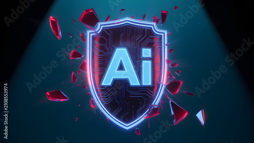 Artificial intelligence security concept with an ai shield breaking through a red barrier