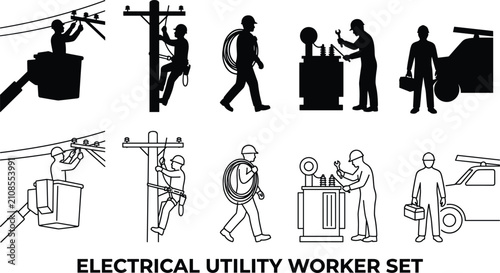 Принти на полотні Electrical Utility Worker Silhouette and Line Art Vector Collection for Power Li