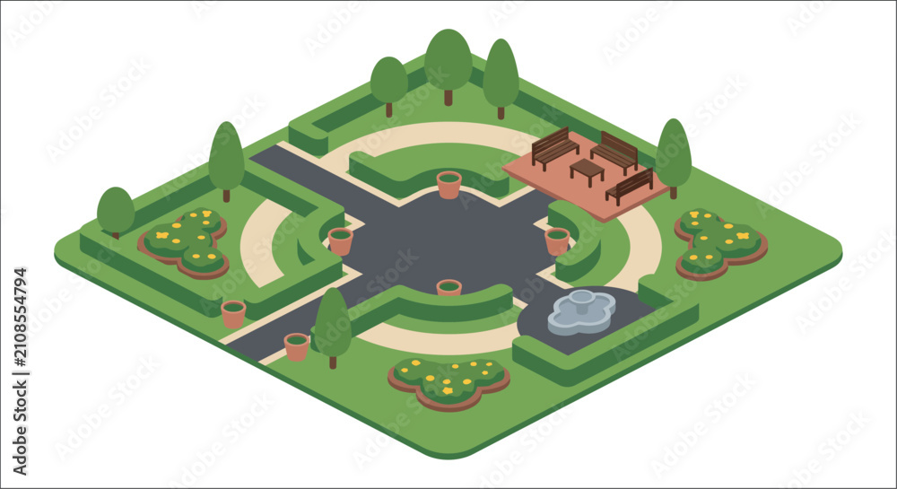 Fototapeta premium Isometric garden landscape with trees pathways and benches on a white background park pathway foliage