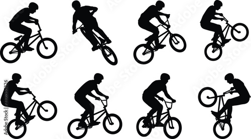 Foto Extreme sports BMX cyclist silhouette set featuring riders performing stunts whe
