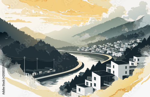 Village nestled in valley with river and mountains during sunset with stylized illustration