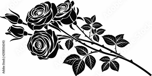Obraz na plátně Black rose bouquet silhouette with thorns, isolated on white background, black r
