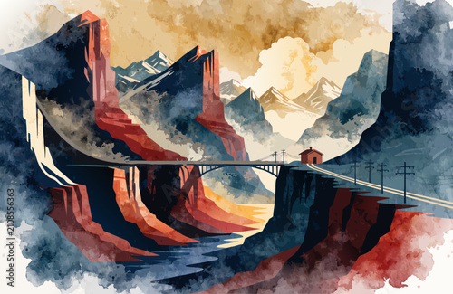 Watercolor canyon landscape with bridge and distant mountains during sunset golden hour