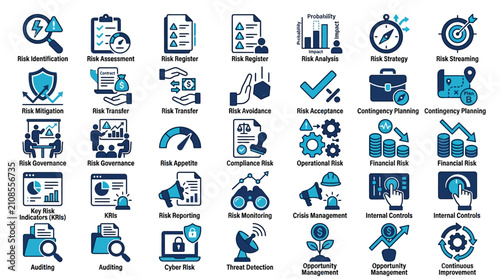 Bild auf Leinwand Comprehensive Risk Management and Business Operations Icons Set