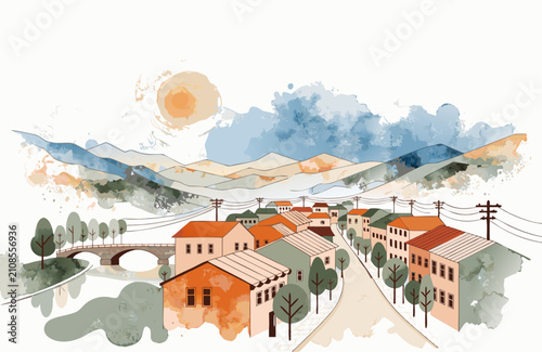 Watercolor village nestled in valley during sunny day with rolling hills and distant mountains
