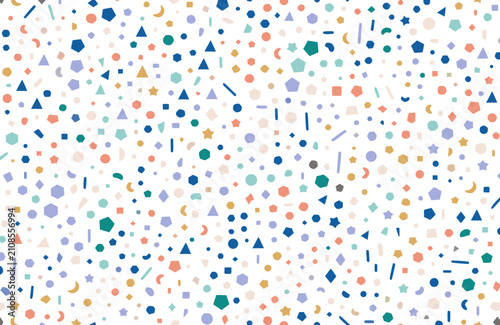 Whimsical confetti pattern with pastel geometric shapes and celestial elements on a clean white background for celebration