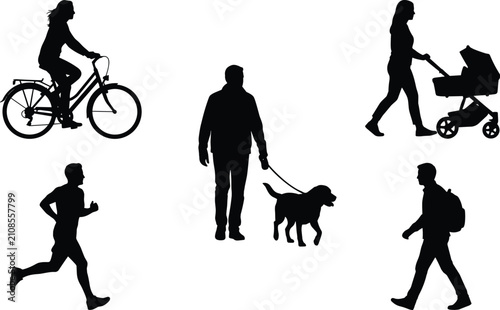 Black silhouette vector set of diverse people cycling running walking dog and pushing baby stroller