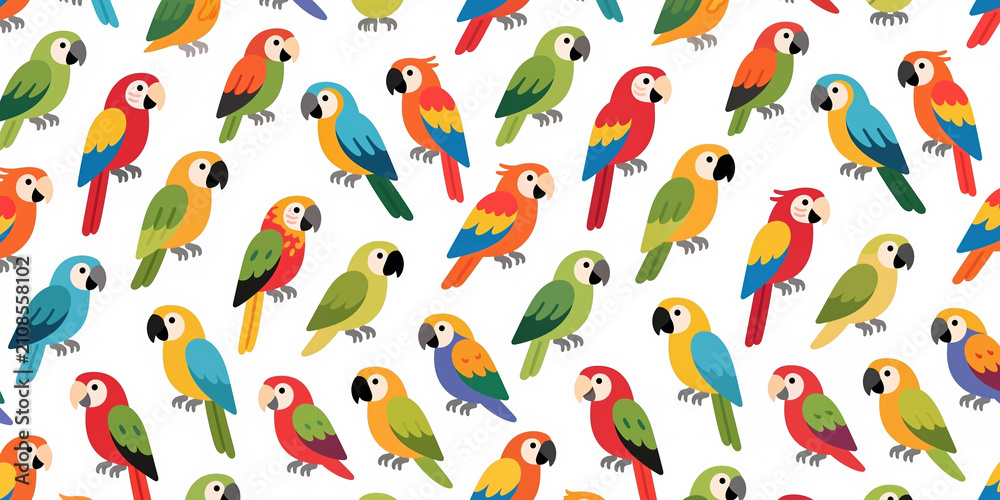 Fototapeta premium A repeating pattern of variously colored parrots, mostly macaws and parakeets, in vibrant hues and flat illustration style, on a white background.