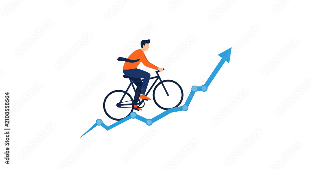 Fototapeta premium Business Success Concept with Businessman Riding Bicycle Upward on a Growth Chart Arrow