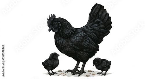 Фотография Black Ayam Cemani Hen with Two Small Chicks Pecking Seeds on White Background -