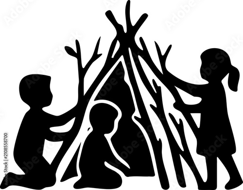 Children Building a Stick Fort Outdoors Together in Playful Activity