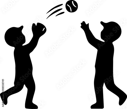 Two Children Silhouettes Playing Catch With Ball Outdoors