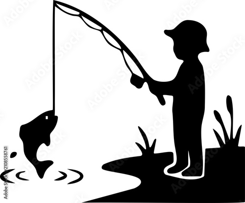 Child Fishing Successfully Catches Fish Near Water With Reeds