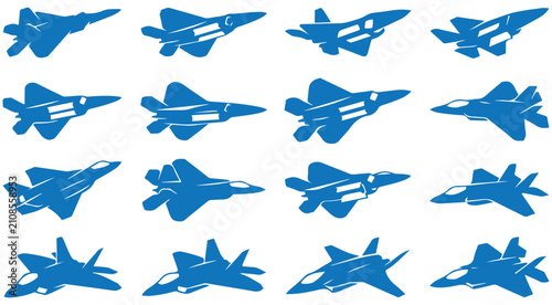 Foto Military fighter jet vector icons set with various stealth aircraft silhouettes
