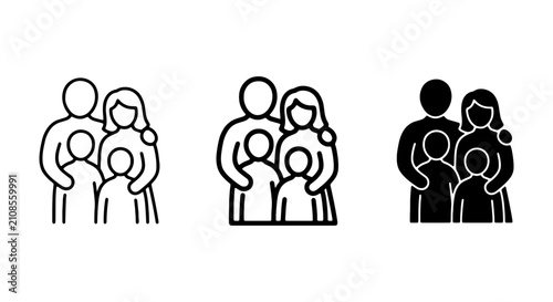 Family Icon Set: Three Styles, Simple Figures, Parents and Children, Love, Unity