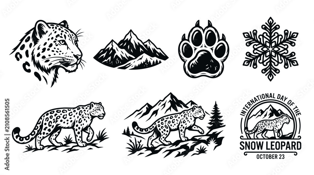 Obraz premium Monochrome Graphic Set Featuring Snow Leopards in Mountain Environments for Awareness