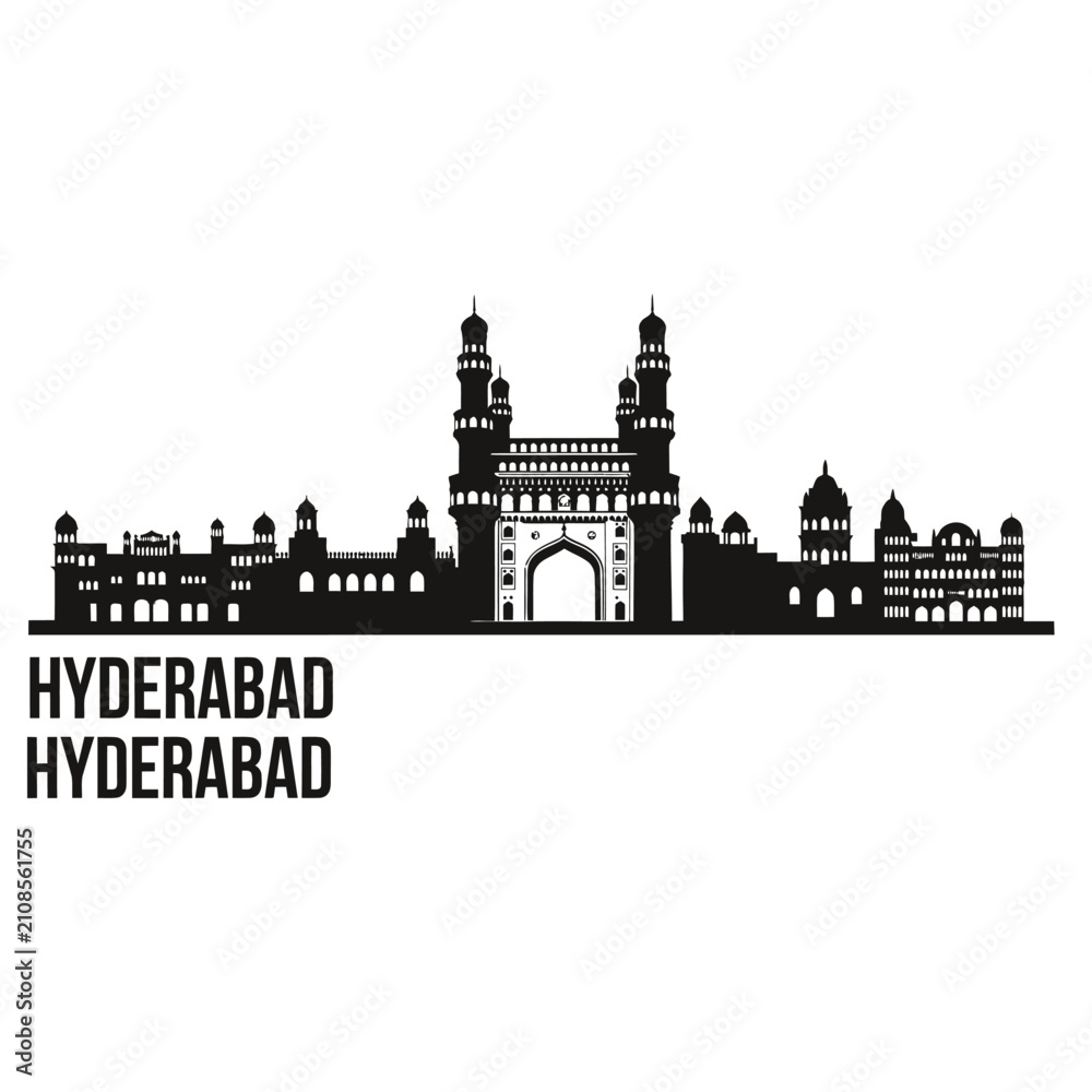 Fototapeta premium Hyderabad skyline silhouette with text black on white background