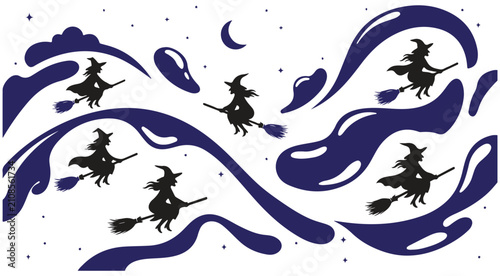 Konstfotografi Halloween vector illustration with silhouettes of witches flying on broomsticks