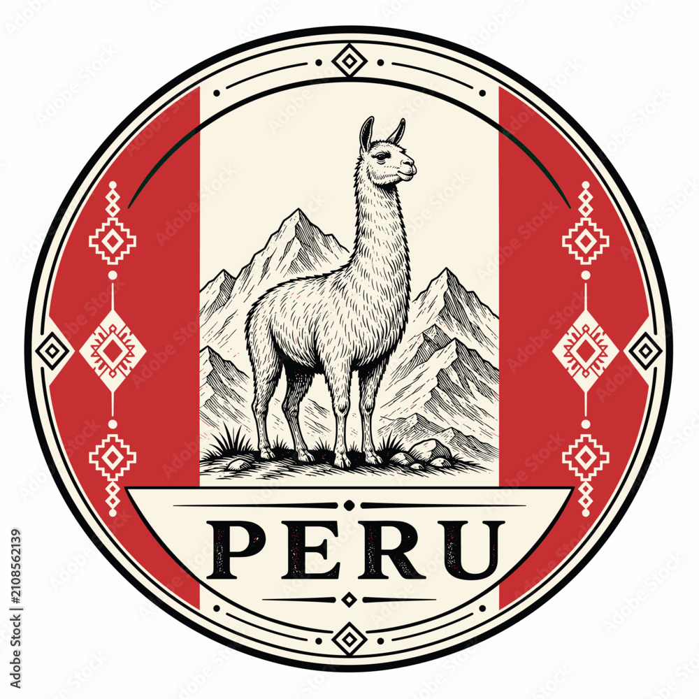 Obraz premium Peru Emblem with Llama and Mountain Landscape