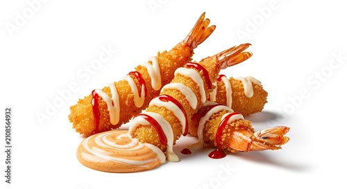 Crispy Fried Shrimp with Creamy Sauce and Ketchup Drizzle