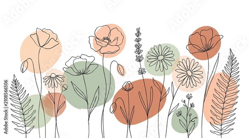 Minimalist botanical line art with soft pastel shapes.