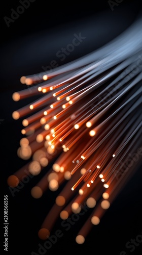 Bright lights shimmer along delicate fiber optic cables