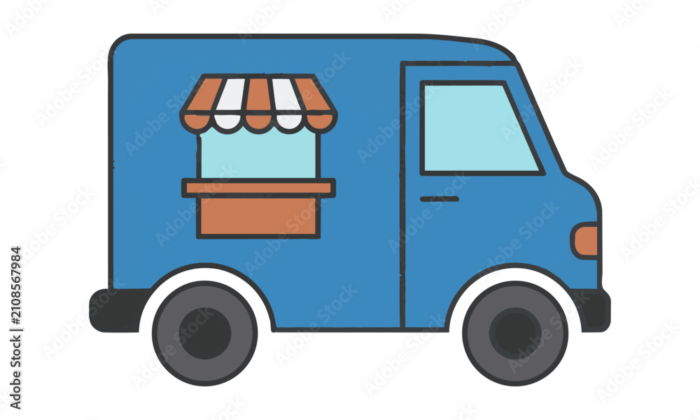 Fototapeta premium Delivery van icon with a store sign on the side panel in a clean monoline style isolated on a white background, logistics and shipping concept