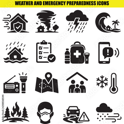 Canvas Print Weather and emergency preparedness icons collection showing natural disasters safety gear tools