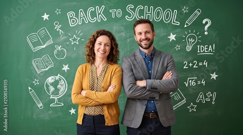 Happy teachers standing in front of chalkboard. Educators posing in classroom.