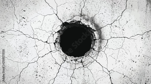 Concrete wall background -with cracked surface and black impact hole in center