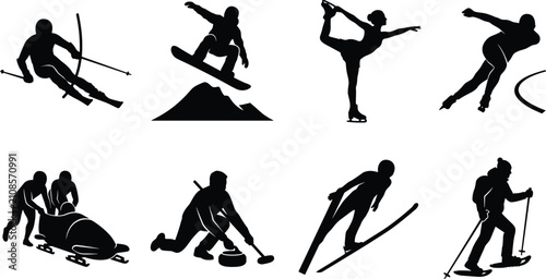 Foto Winter sports silhouettes icon set featuring alpine skiing snowboarding figure s