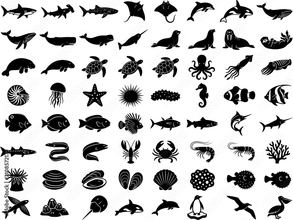 Fototapeta premium Ocean animals, marine mammals, tropical fish, sea turtles and shellfish black silhouette vector icon collection for aquatic design