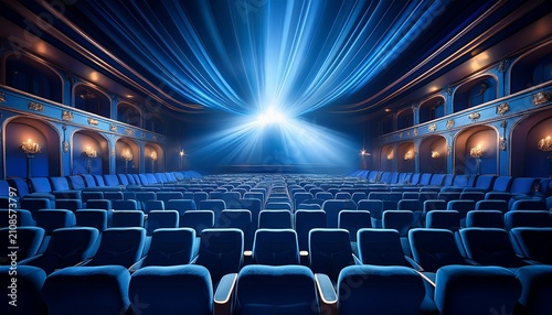 empty blue cinema seating with dramatic theater lighting generative ai