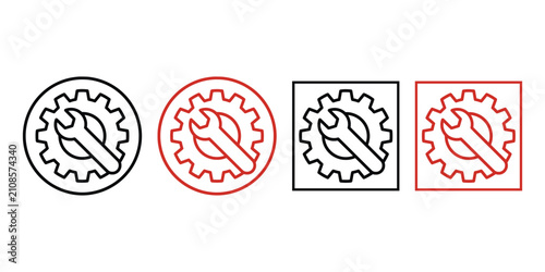Industrial gear and wrench icons, mechanical repair and maintenance symbols in circle and square frames, technical service vector set