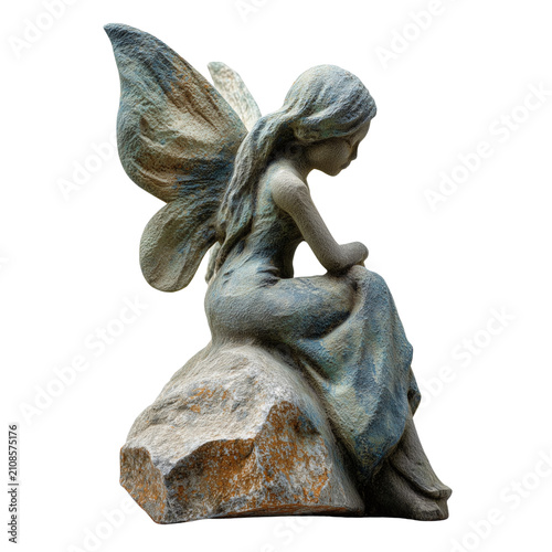 Elegant stone garden fairy statue with delicate angel wings on transparent png background. Ai generated