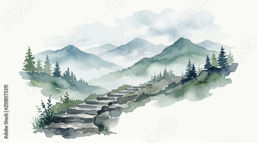 Watercolor Mountain Landscape with Stone Stairway and Pine Trees