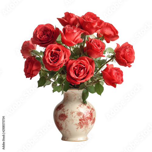 Fresh hand-tied bouquet of red roses displayed on a polished wooden table on transparent png background. Ai generated