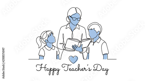 Continuous line art of a female teacher reading a book to kids with Happy Teacher's Day text, symbolizing educational appreciation and illustrating school mentorship through simple drawing