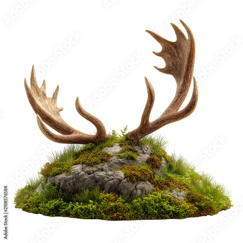 Large brown antlers with elegant branching points on transparent png background. Ai generated