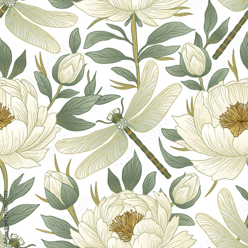 Whimsical Vintage Peony Dragonfly Art Nouveau Seamless Pattern Rose Floral Motif Background