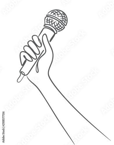 Continuous one line drawing of hand holding microphone for live performance, public speaking, interview, and broadcasting isolated on white background