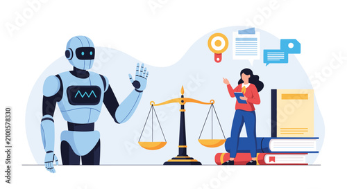 Legal technology concept with a lawyer woman holding a tablet next to a giant robot and the gold scales of justice.