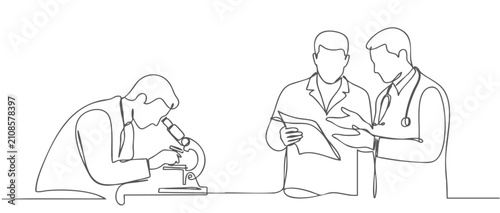 Continuous one line drawing of scientist examining specimen under microscope while doctors discuss medical report, symbolizing healthcare research, laboratory analysis, teamwork, diagnosis, and medica