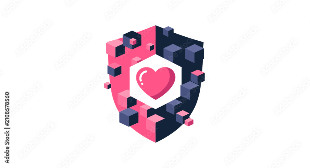 Fototapeta premium Abstract Isometric Shield with Heart Icon for Healthcare Cybersecurity, Data Protection, and Medical Insurance Concept